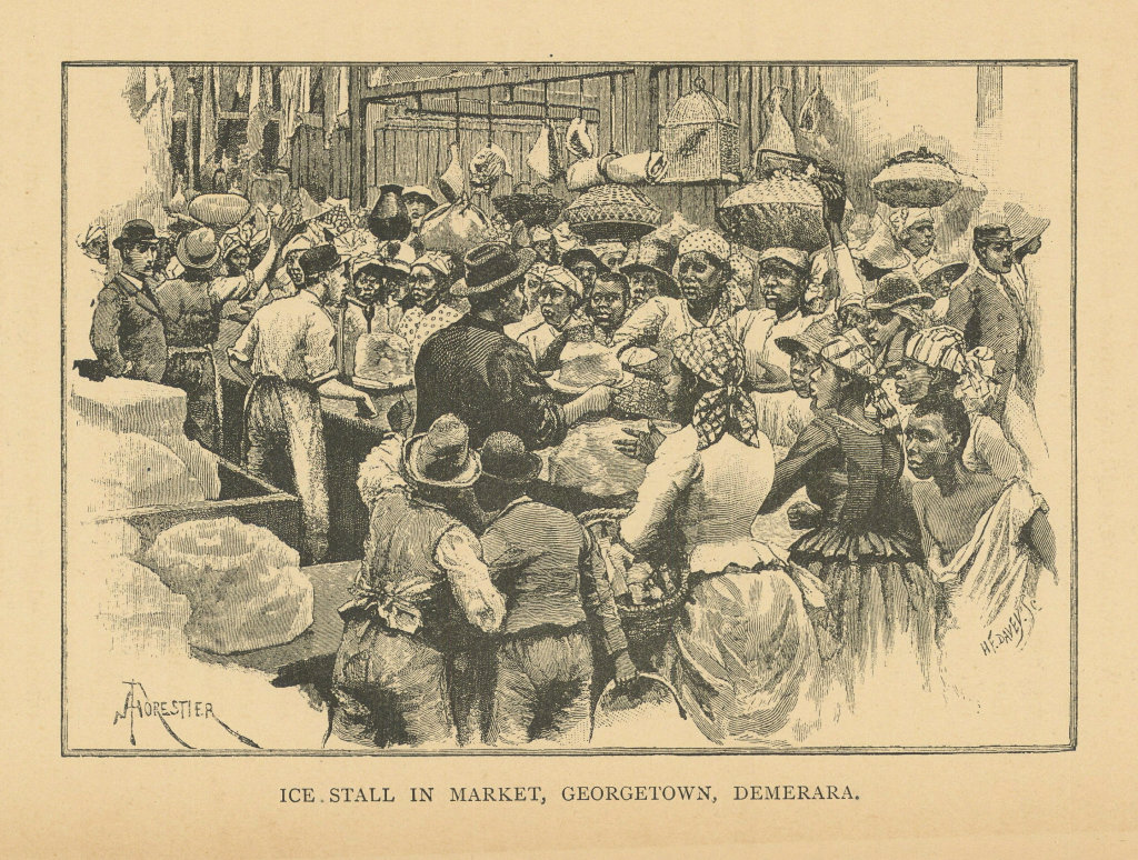 Ice stall in market, Georgetown, Demerara, Guyana. British Guiana 1889 print