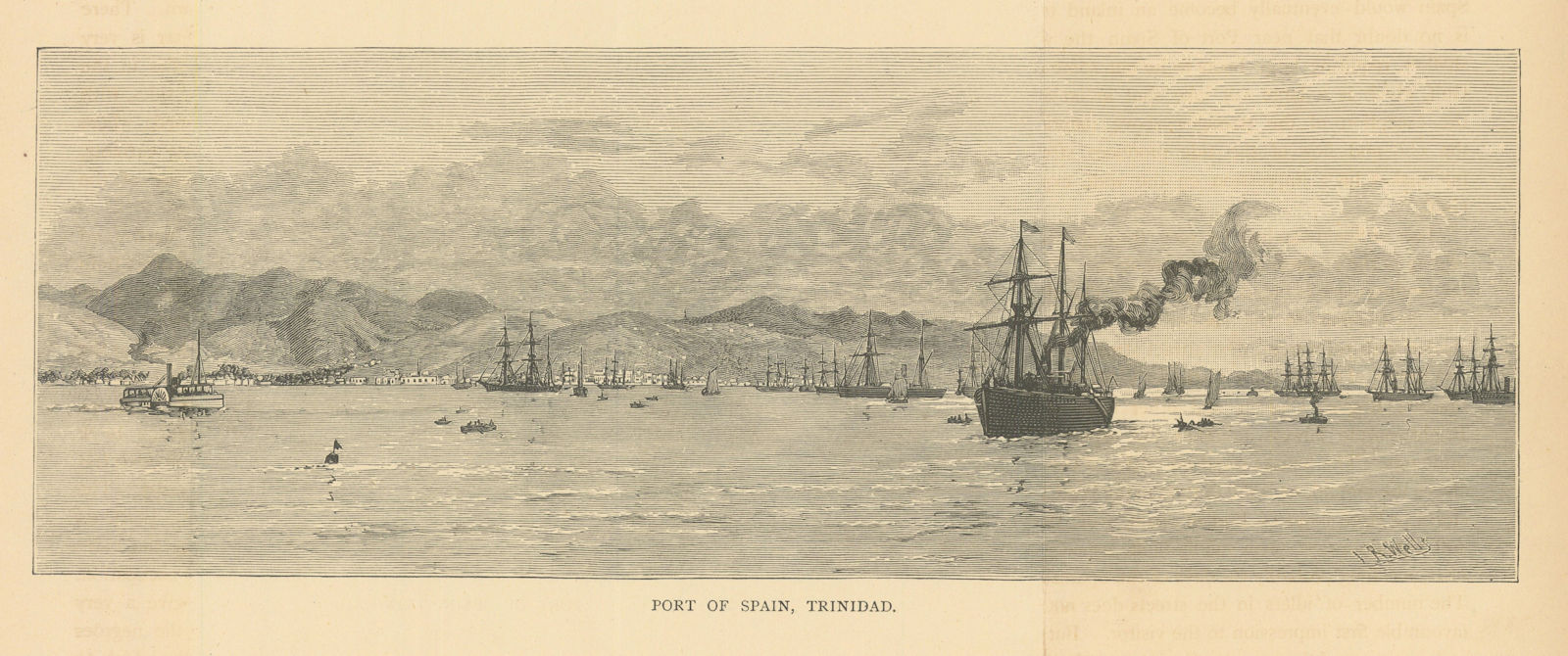 Panorama of Port of Spain, Trinidad, from the sea 1889 old antique print