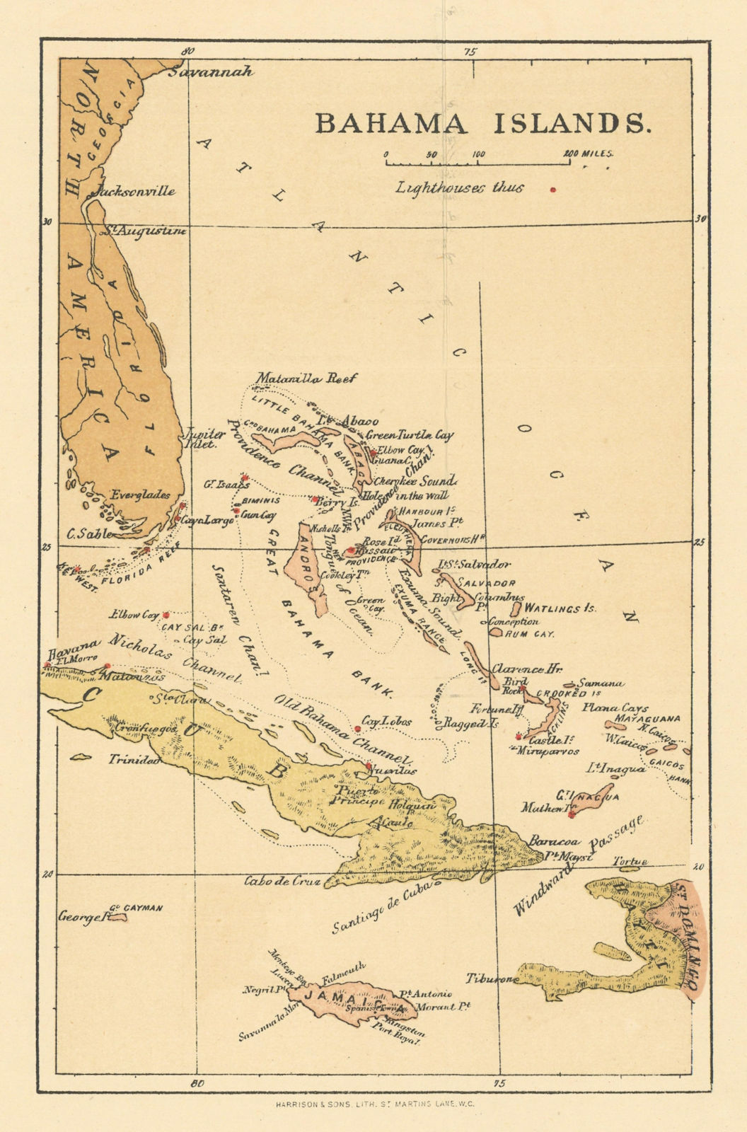 Bahama Islands. Bahamas. Lighthouses. WASHINGTON EVES 1889 old antique map