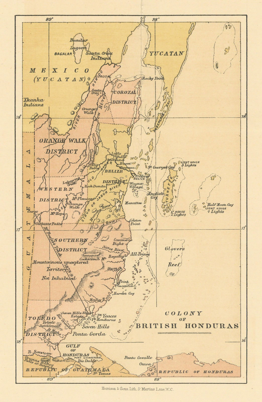Colony of British Honduras. Belize. WASHINGTON EVES 1889 old antique map chart