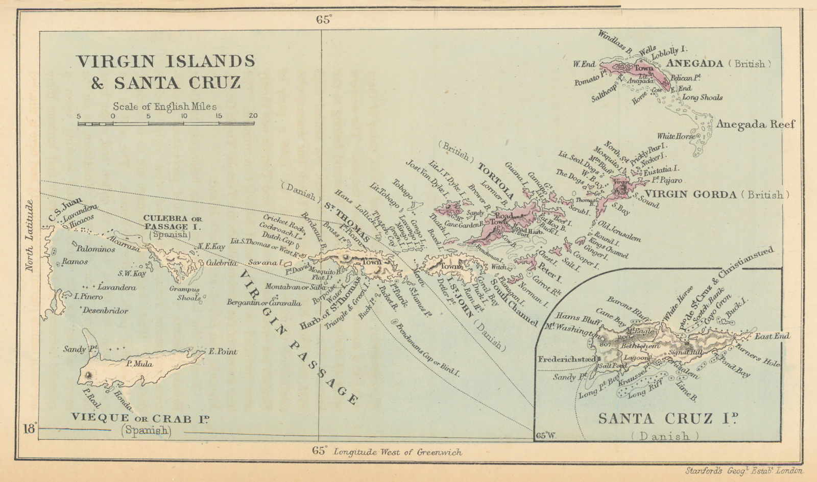 Virgin Islands & Santa Cruz. Gorda Tortola. STANFORD / WASHINGTON EVES 1897 map
