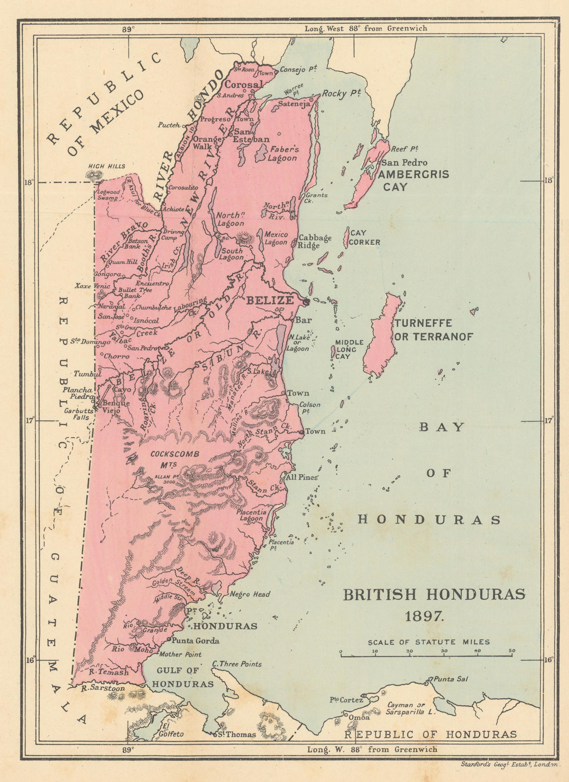 Associate Product British Honduras. Belize. STANFORD / WASHINGTON EVES 1897 old antique map