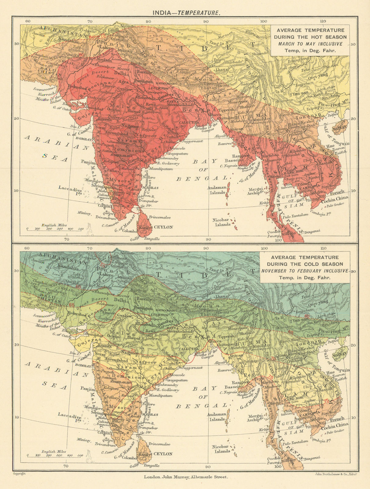 INDIA. average Temperature during Monsoon & dry seasons. Isotherms 1905 map