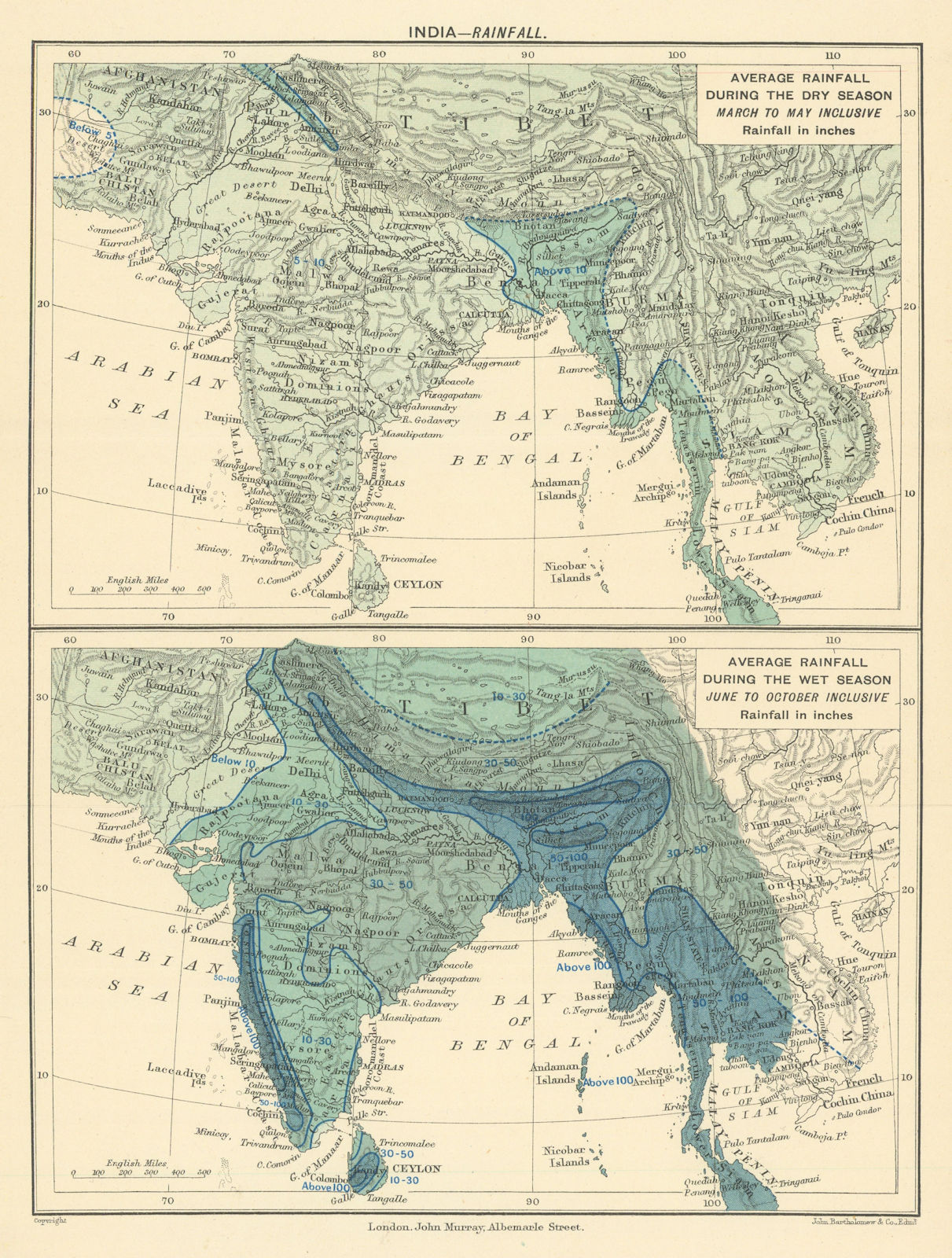 Associate Product INDIA. showing average Rainfall during Monsoon & dry seasons. Isohyets 1905 map