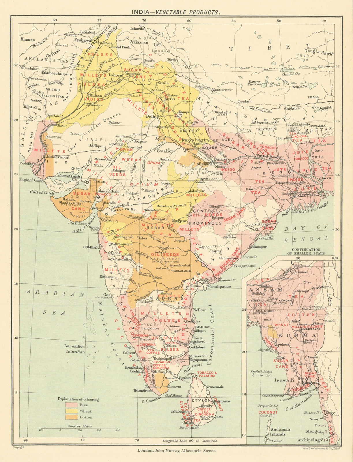 INDIA. Agricultural produce. Rice Wheat Cotton Sugar Opium Coffee Tea 1905 map