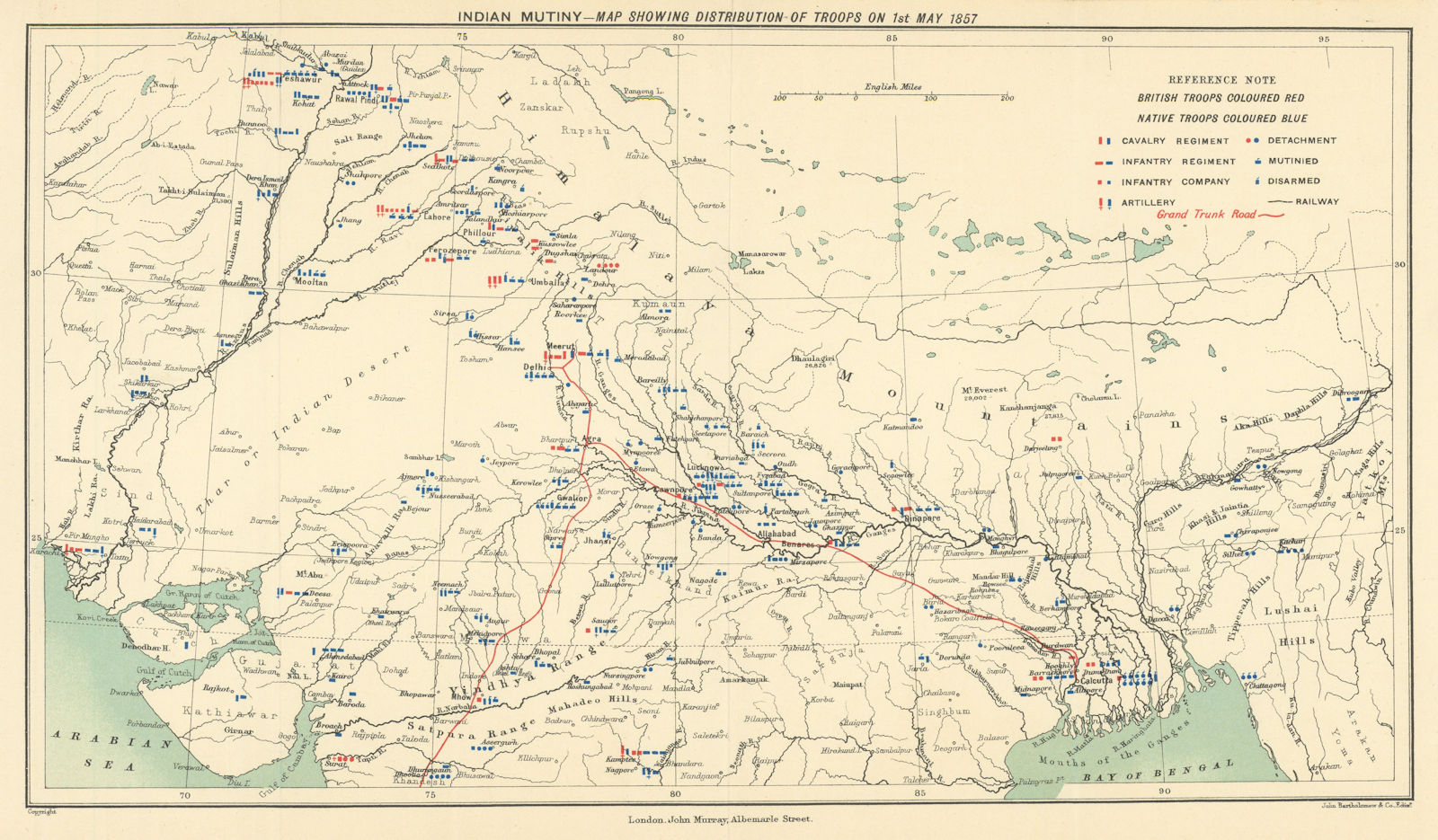 INDIAN MUTINY/REBELLION. British & native troop positions 1 May 1857 1905 map