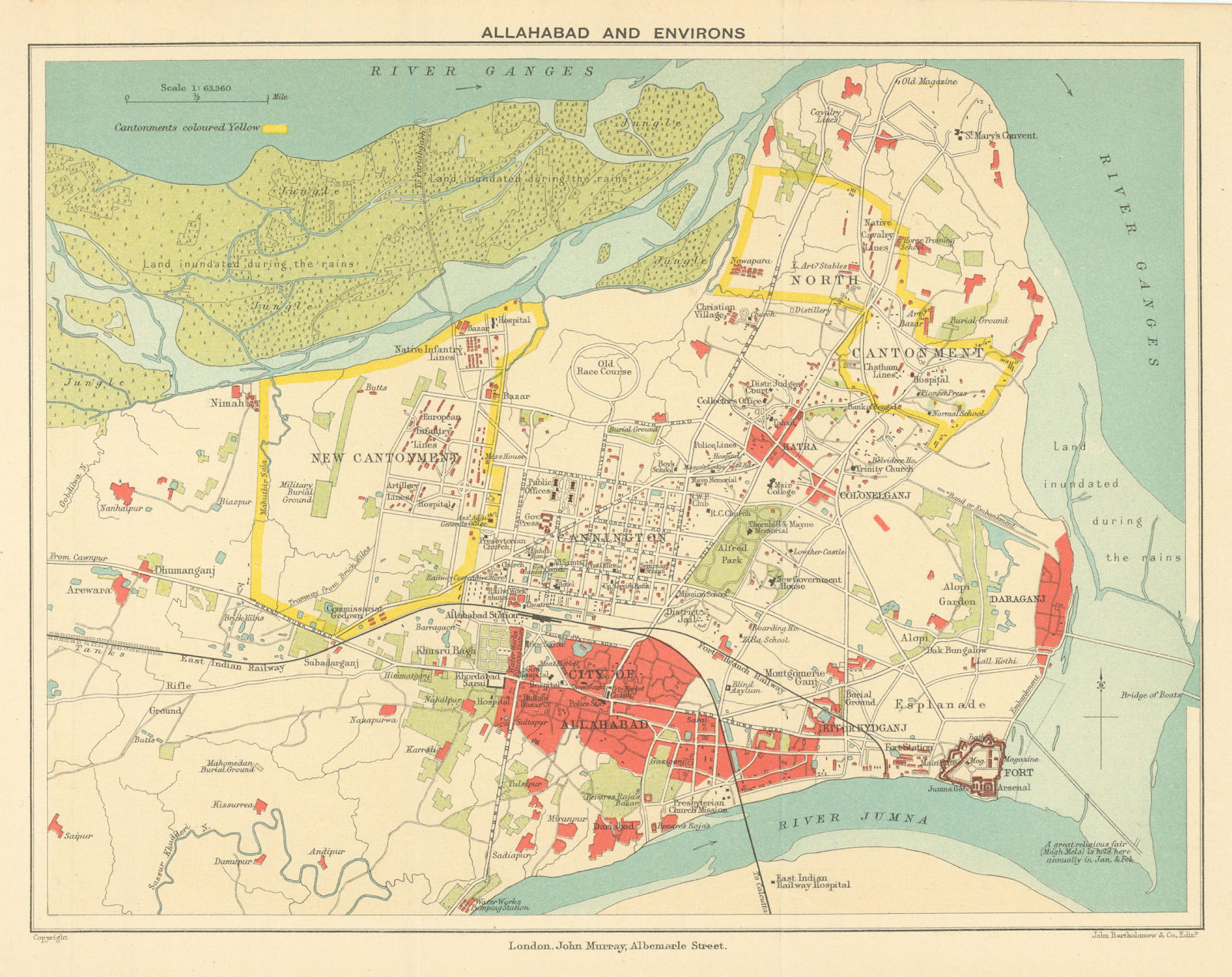 BRITISH INDIA. Allahabad (Prayag) city plan. Cantonment Ganges 1905 old map