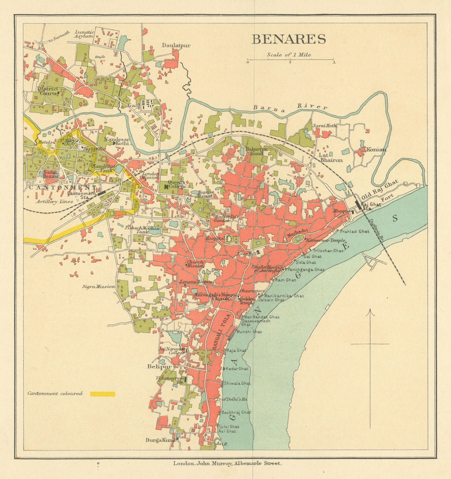 BRITISH INDIA. Benares (Varanasi) city plan.Ganges temples cantonment 1905 map