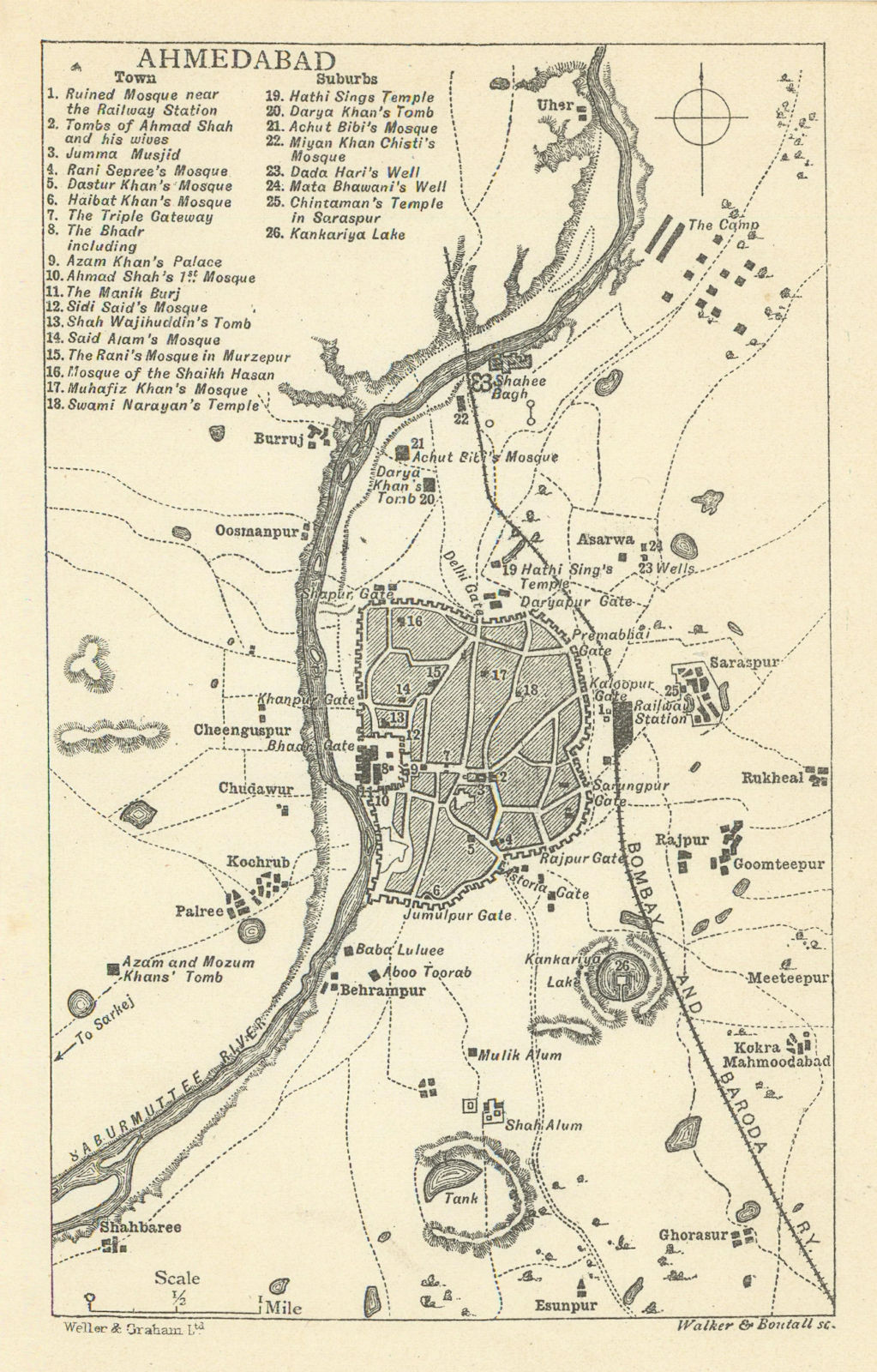 Associate Product INDIA. Ahmedabad city plan. Palaces mosques temples tombs. Gujarat 1905 map