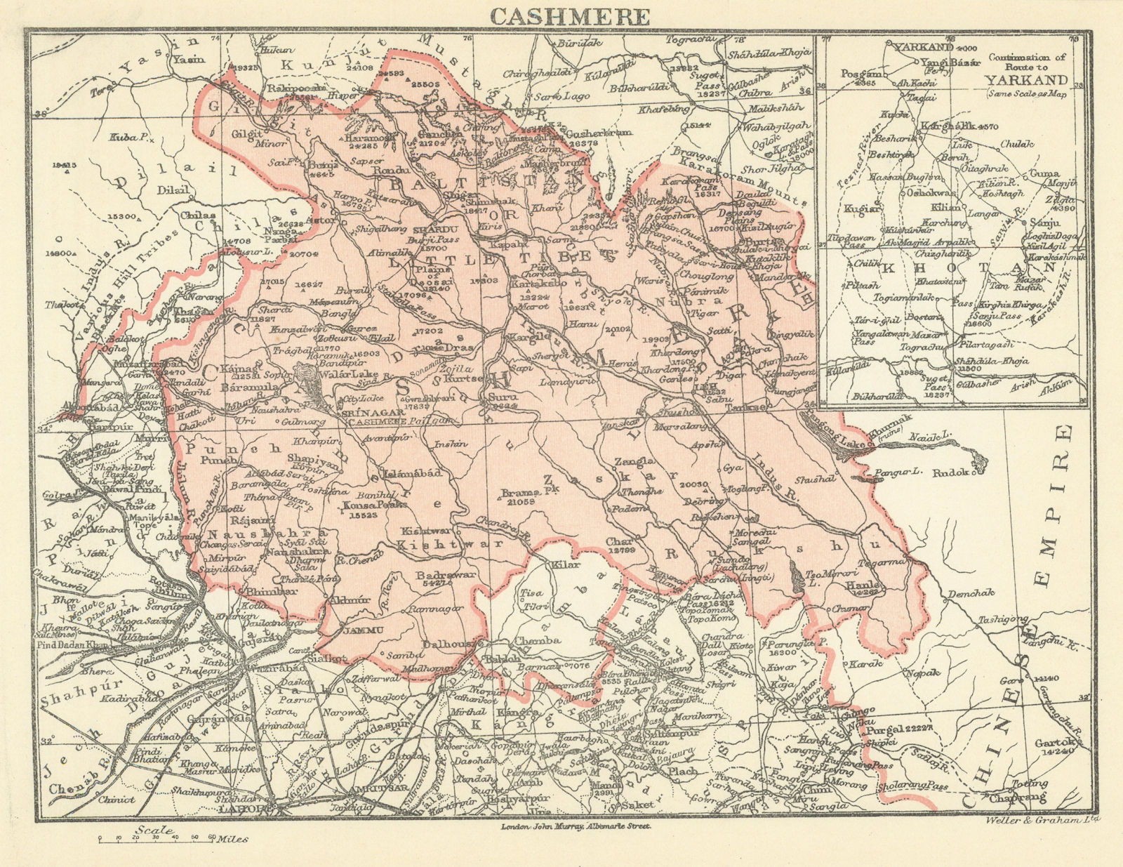 BRITISH INDIA. Cashmere. Kashmir 1905 old antique vintage map plan chart