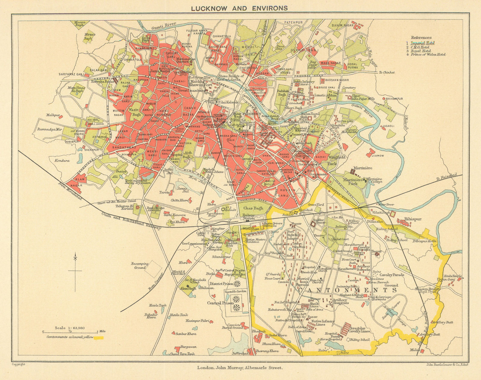 BRITISH INDIA. Lucknow city plan showing cantonment 1905 old antique map chart