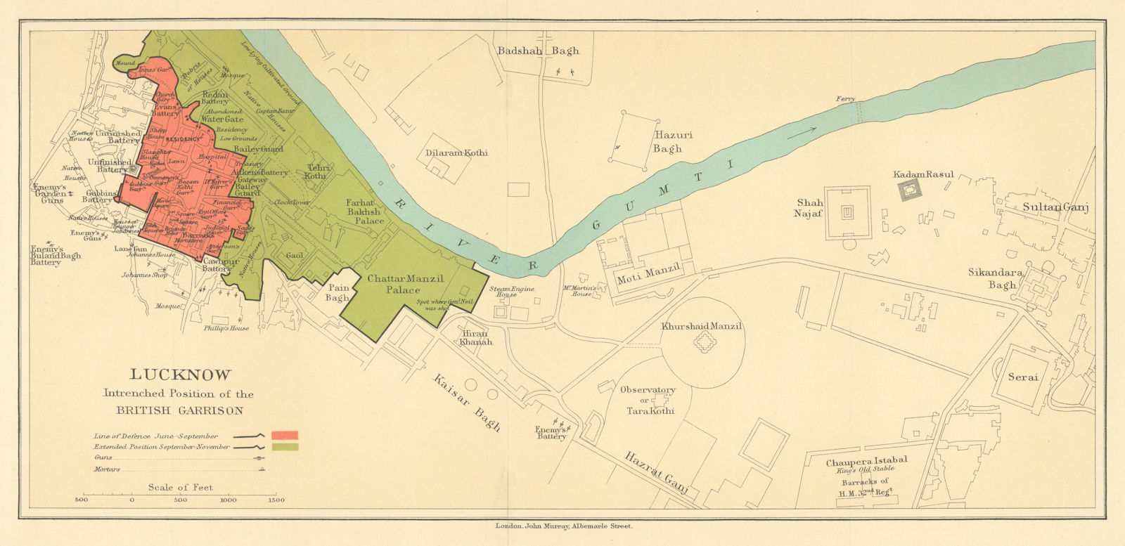 SIEGE OF LUCKNOW.showing British Garrison positions.1857 Indian Mutiny 1905 map