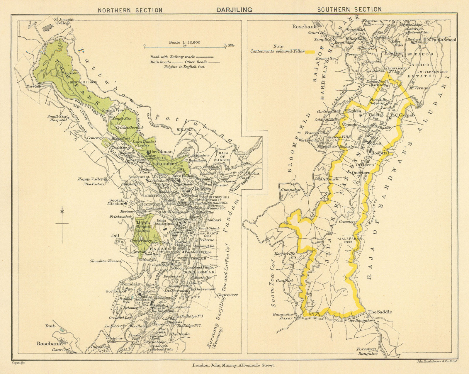 BRITISH INDIA. Darjiling (Darjeeling) town plan.Cantonment.Tea estates 1905 map