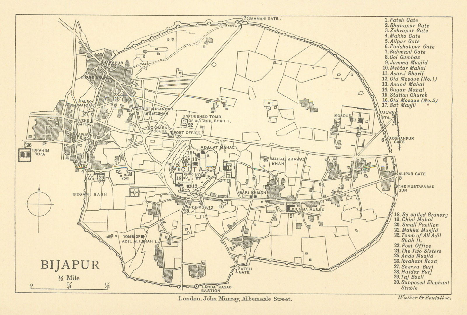 Associate Product BRITISH INDIA. Bijapur city plan showing palaces/mahal mosques gates 1905 map