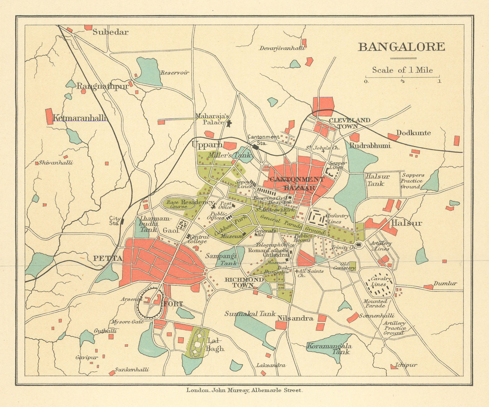 BRITISH INDIA. Bangalore (Bengaluru) city plan.Petta.Cantonment bazaar 1905 map