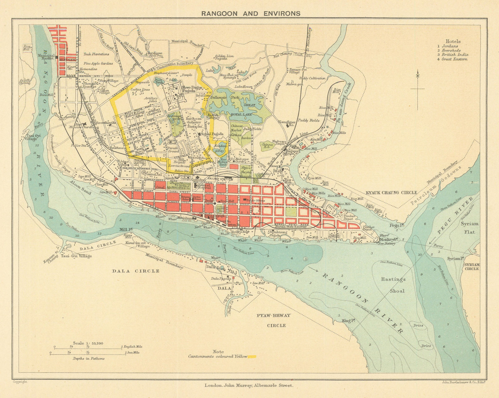 BRITISH BURMA. Rangoon (Yangon) city plan. Myanmar. Cantonment 1905 old map