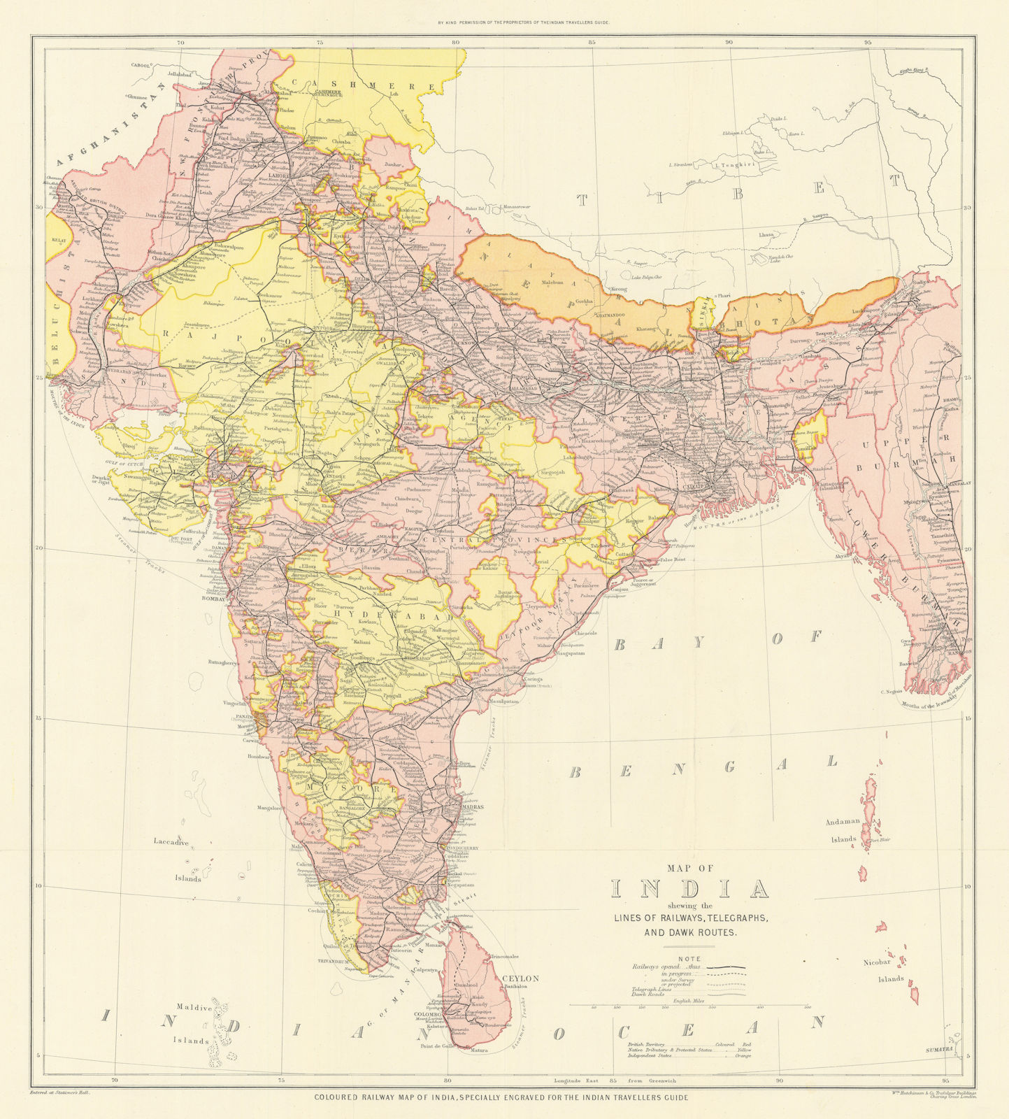 British India shewing the lines of Railways, Telegraphs & Dawk Routes 1905 map