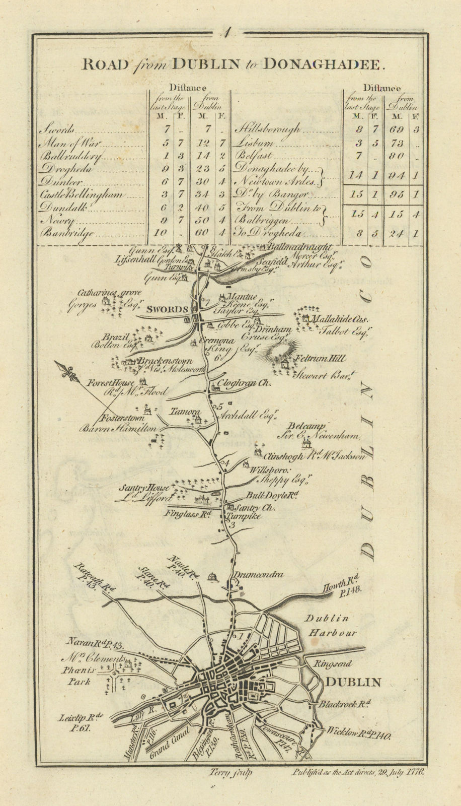 #1 Road from Dublin to Donaghadee. Drumcondra Swords. TAYLOR/SKINNER 1778 map
