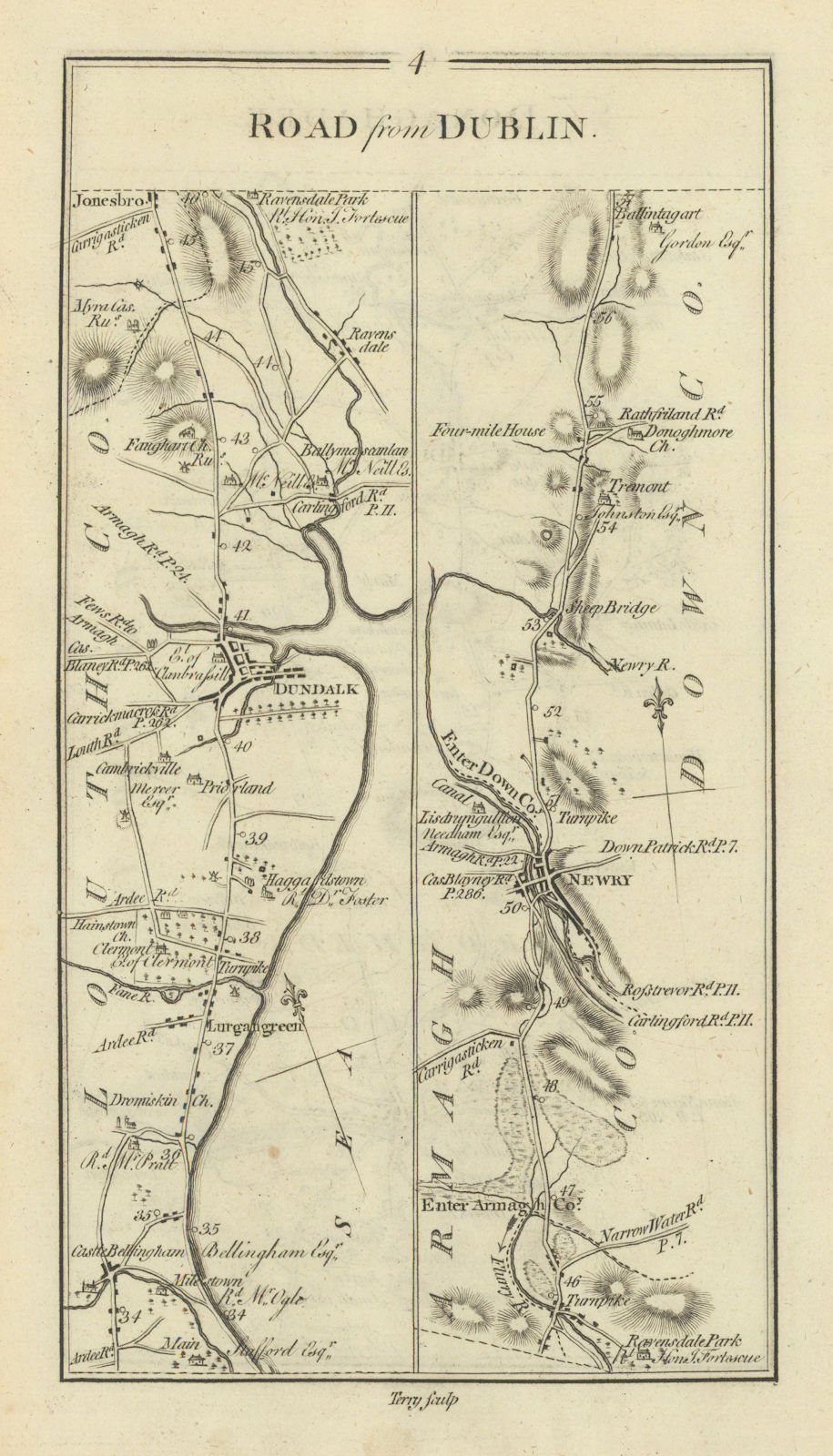 #4 Dublin to Donaghadee. Castlebellingham Dundalk Newry. TAYLOR/SKINNER 1778 map
