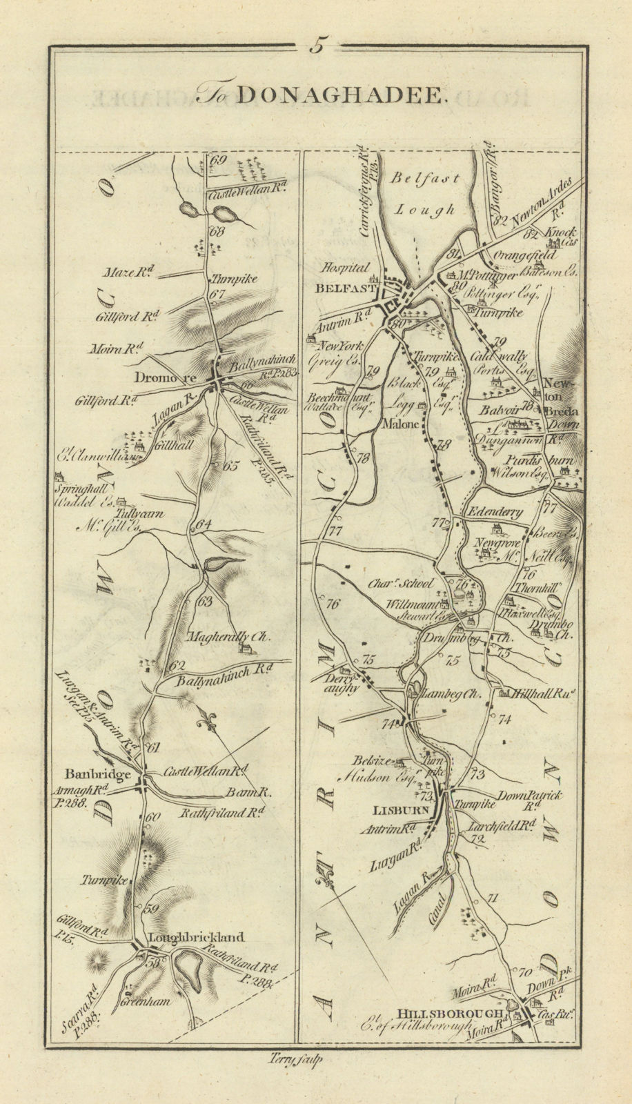 #5 to Donaghadee. Banbridge Dromore Lisburn Belfast. TAYLOR/SKINNER 1778 map
