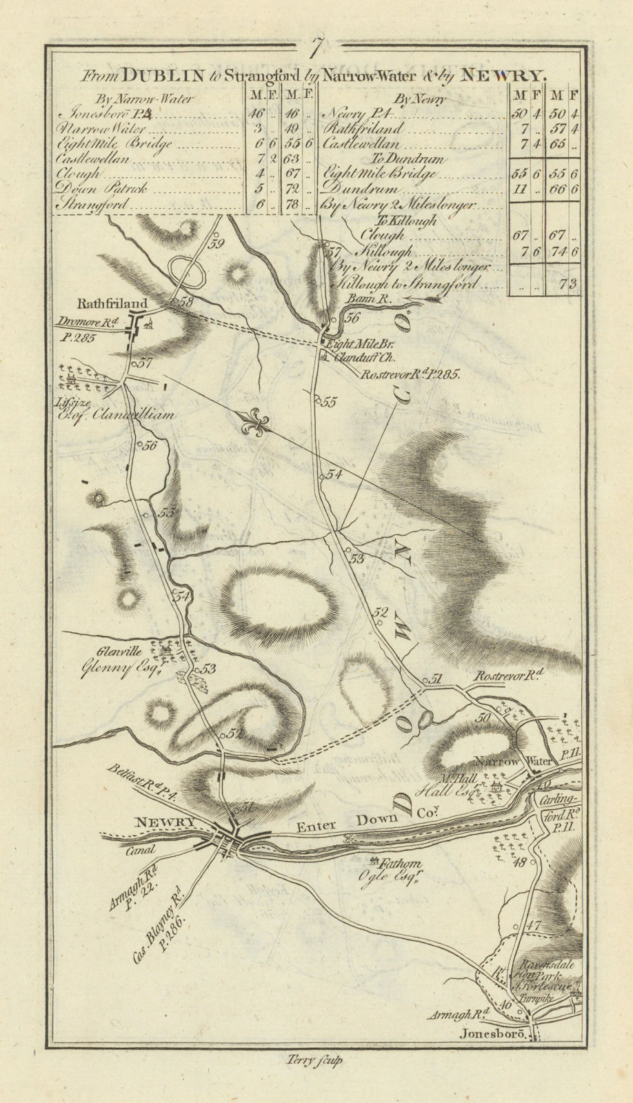#7 Dublin to Strangford by… Newry. Rathfriland. TAYLOR/SKINNER 1778 old map
