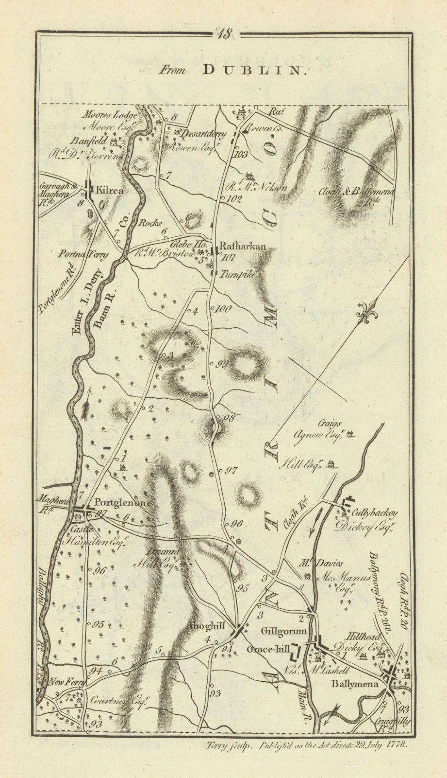 #18 Portglenone Ballymena Kilrea Rasharkin Ahoghill. TAYLOR/SKINNER 1778 map