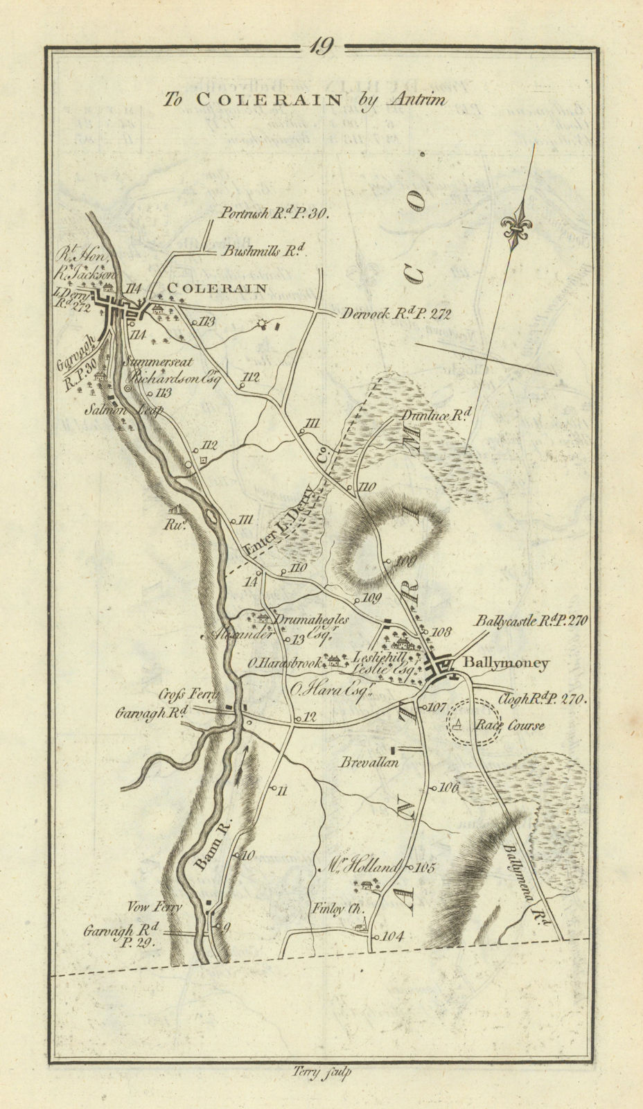 #19 Dublin to Coleraine. Ballymoney Londonderry. TAYLOR/SKINNER 1778 old map