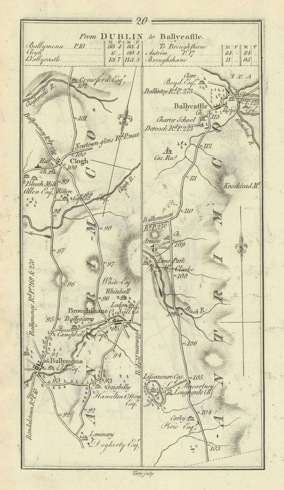 #20 Dublin to Ballycastle. Clough Broughshane Ballymena. TAYLOR/SKINNER 1778 map