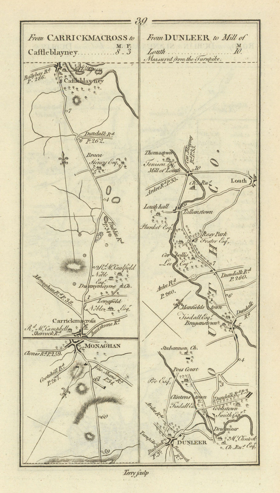 #39 Carrickmacross to Castleblayney. Dunleer to Louth. TAYLOR/SKINNER 1778 map