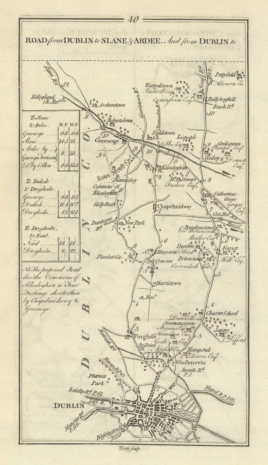 #40 Dublin to Slane & Ardee… Glasnevin Greenogue Finglas TAYLOR/SKINNER 1778 map