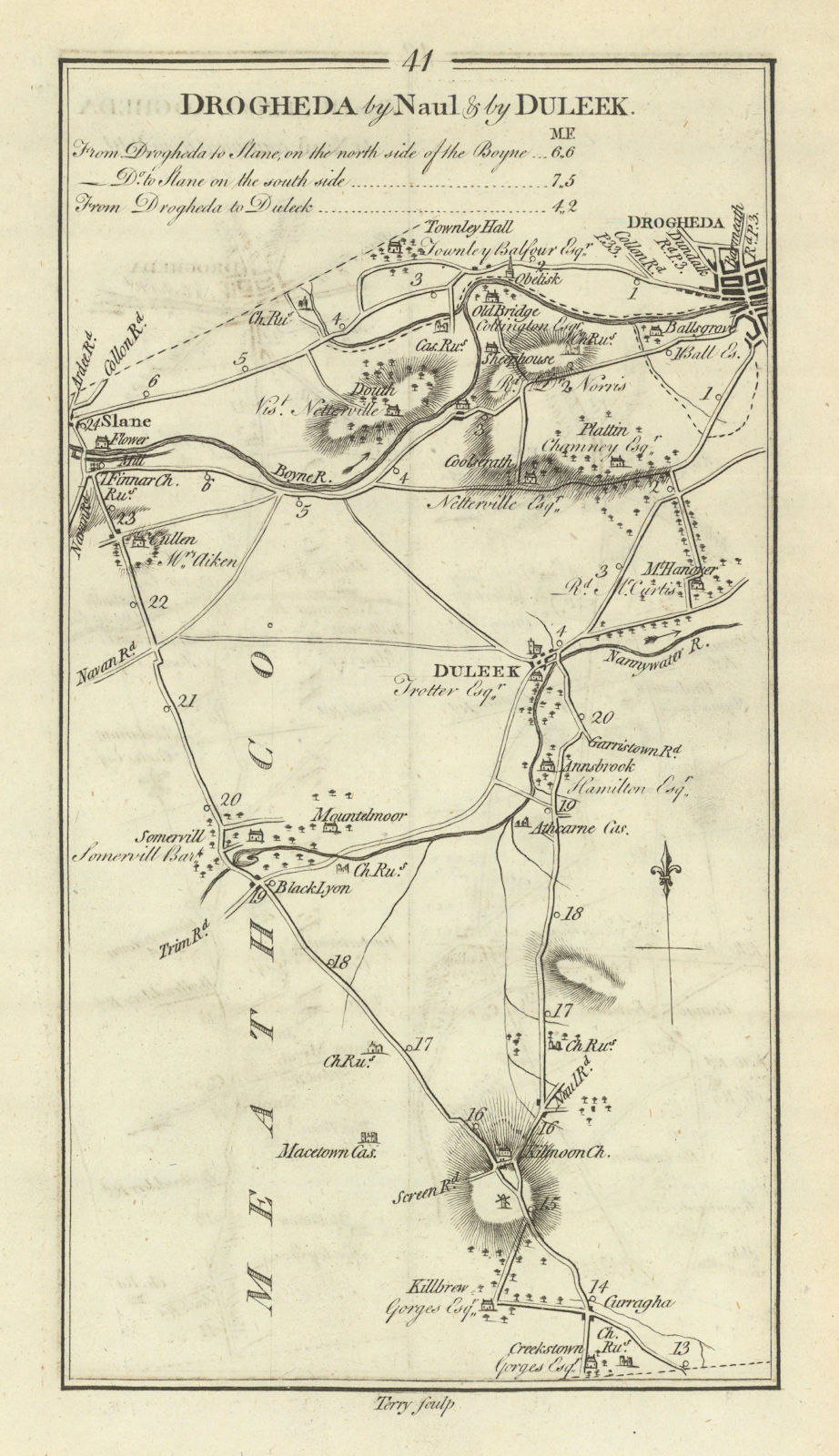 #41 Drogheda by Naul & Duleek. Slane Meath Louth. TAYLOR/SKINNER 1778 old map