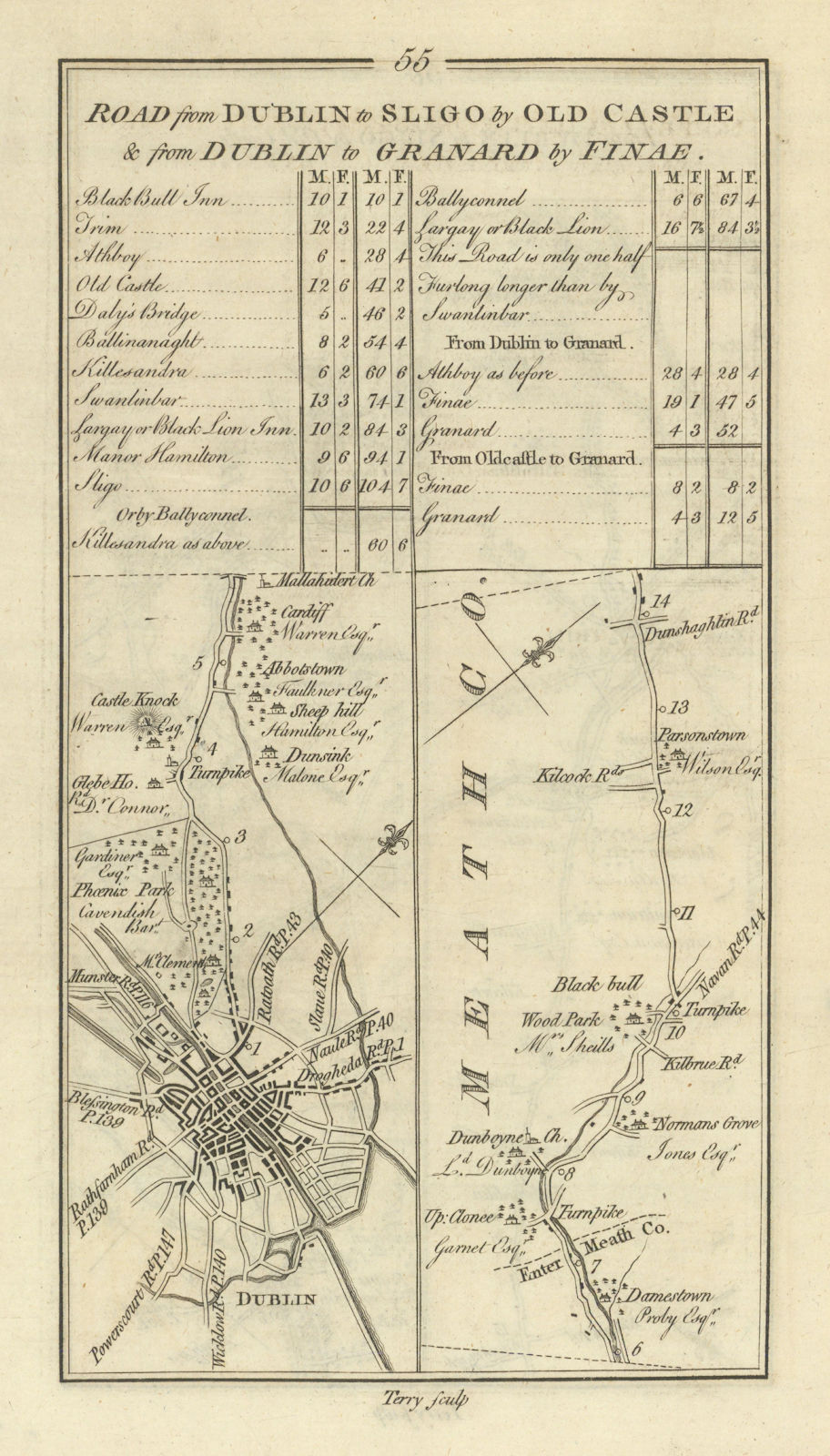 #55 Dublin to Sligo by Old Castle. Dunboyne Meath. TAYLOR/SKINNER 1778 map
