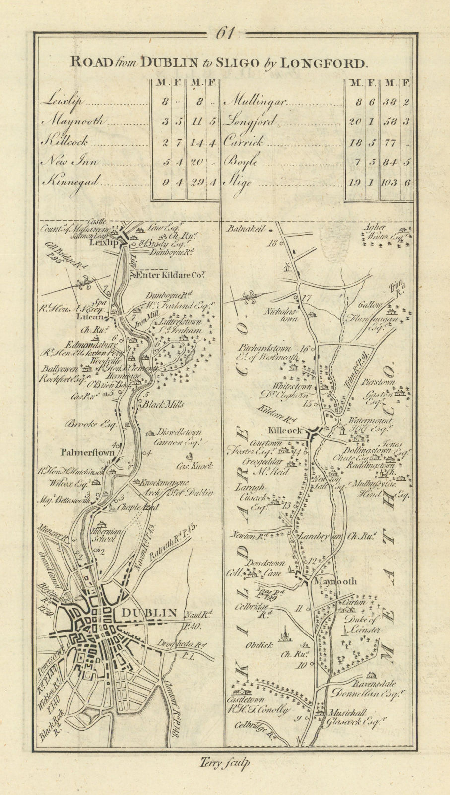 #61 Dublin to Sligo. Palmerstown Maynooth Kilcock Lucan. TAYLOR/SKINNER 1778 map