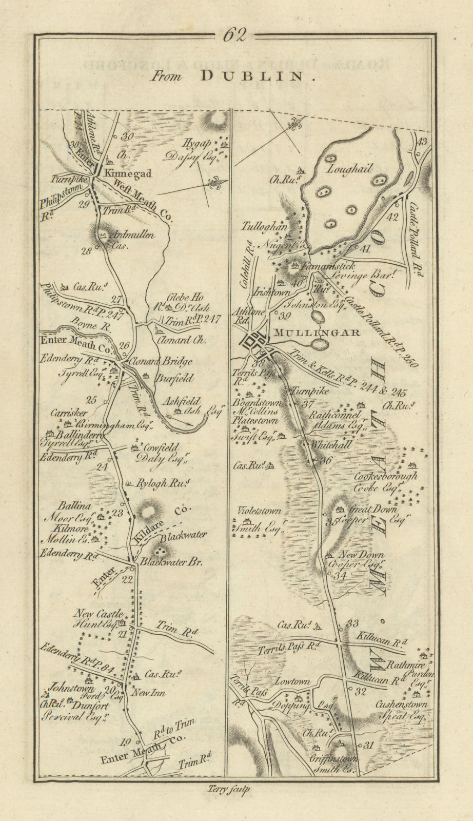 #62 Dublin to Sligo by Longford. Kinnegad Mullingar. TAYLOR/SKINNER 1778 map