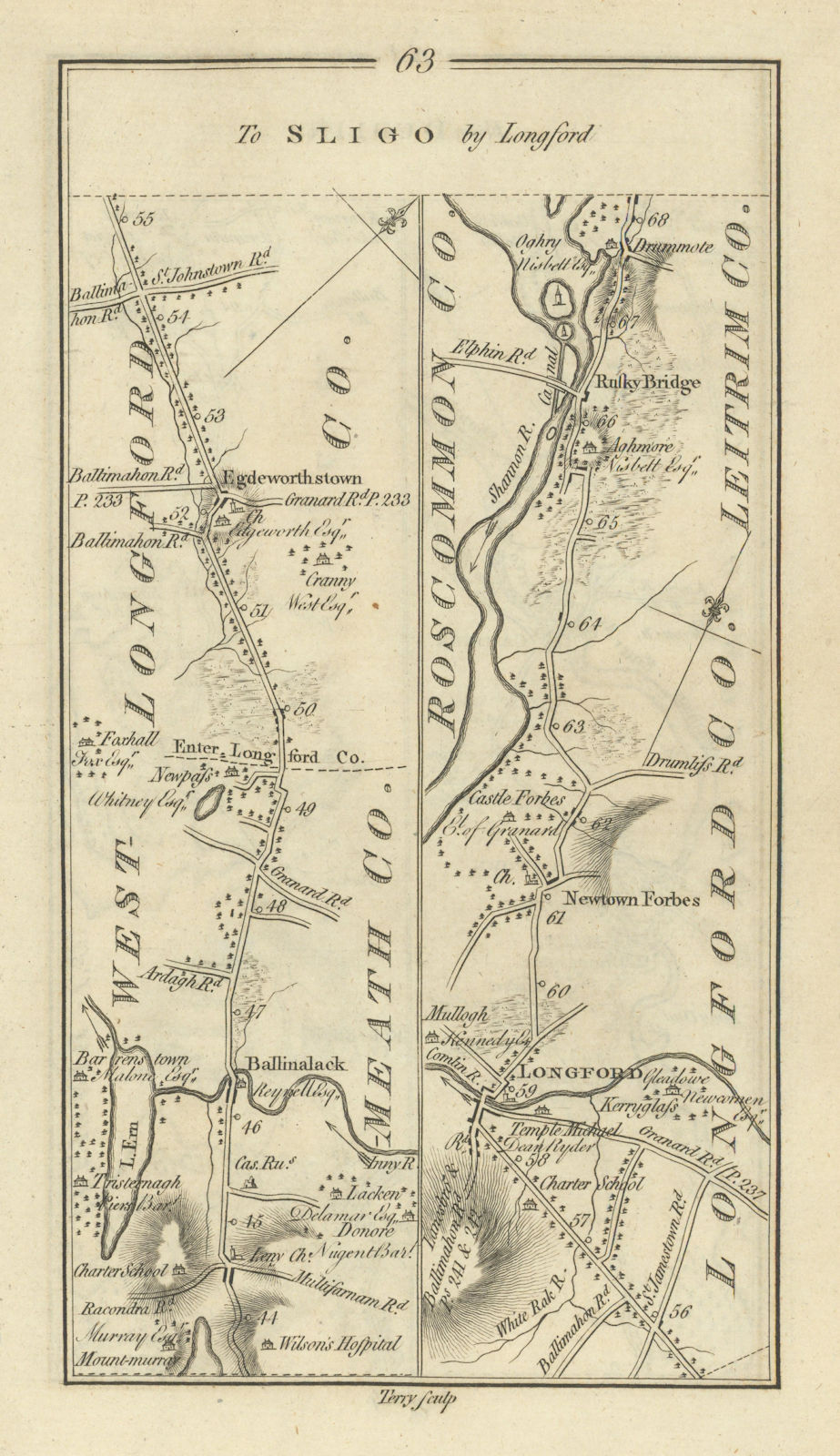 #63 To Sligo by Longford. Edgeworthstown Newtownforbes. TAYLOR/SKINNER 1778 map