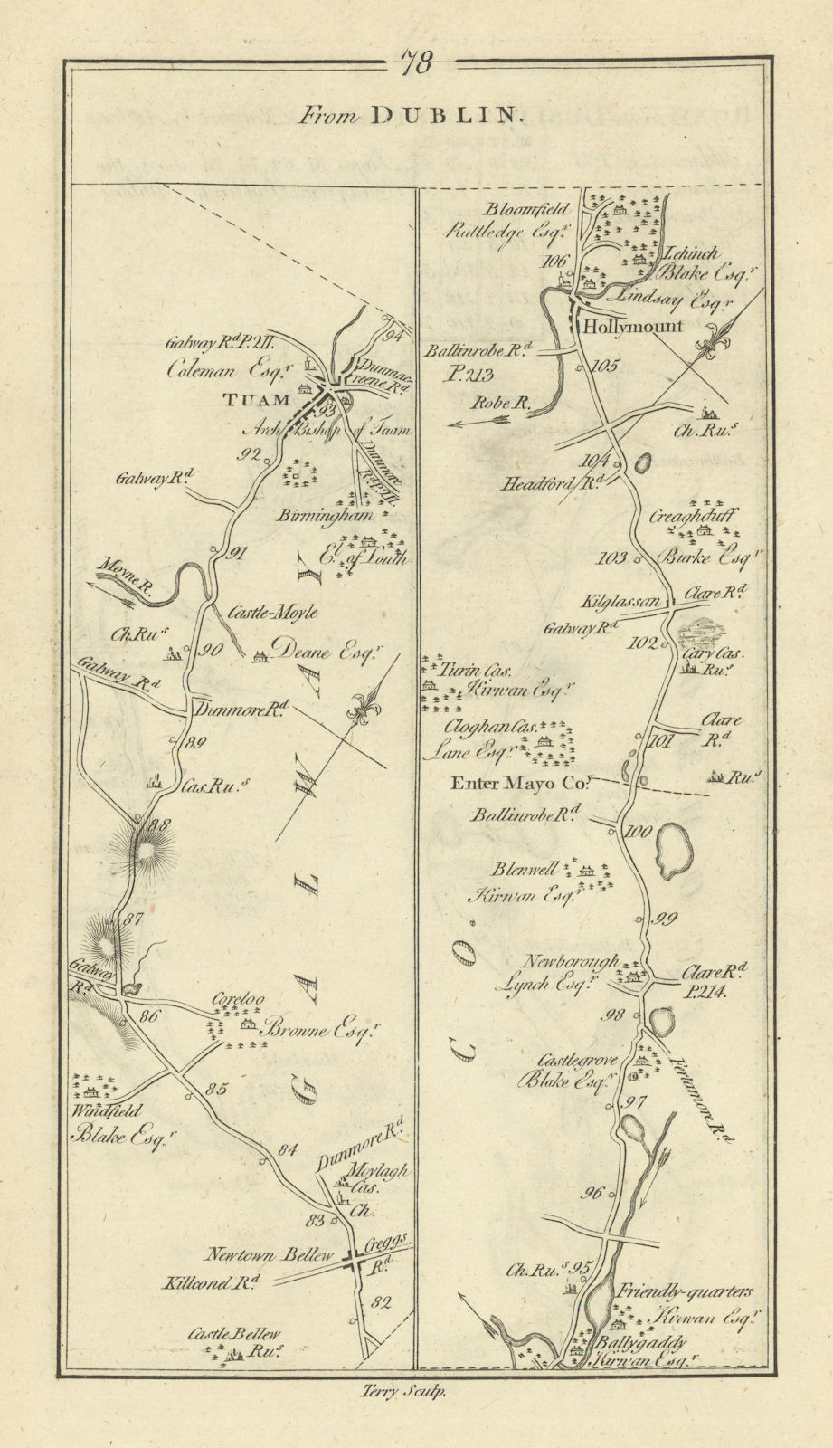 #78 Dublin to Castlebar. Tuam Hollymount Moylough. TAYLOR/SKINNER 1778 old map