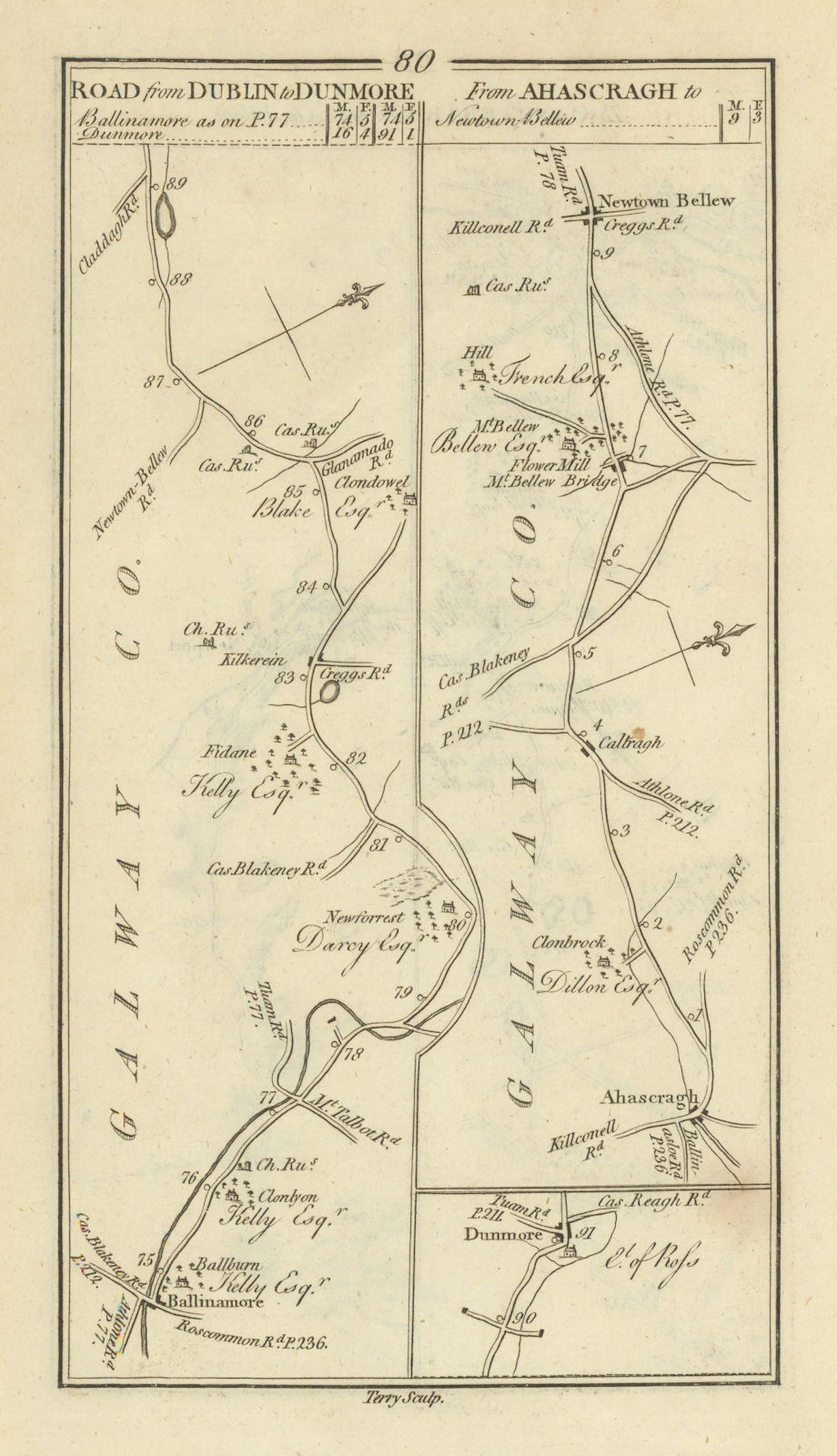 #80 Ahascragh to Moylough. Ballinamore Mountbellew. TAYLOR/SKINNER 1778 map