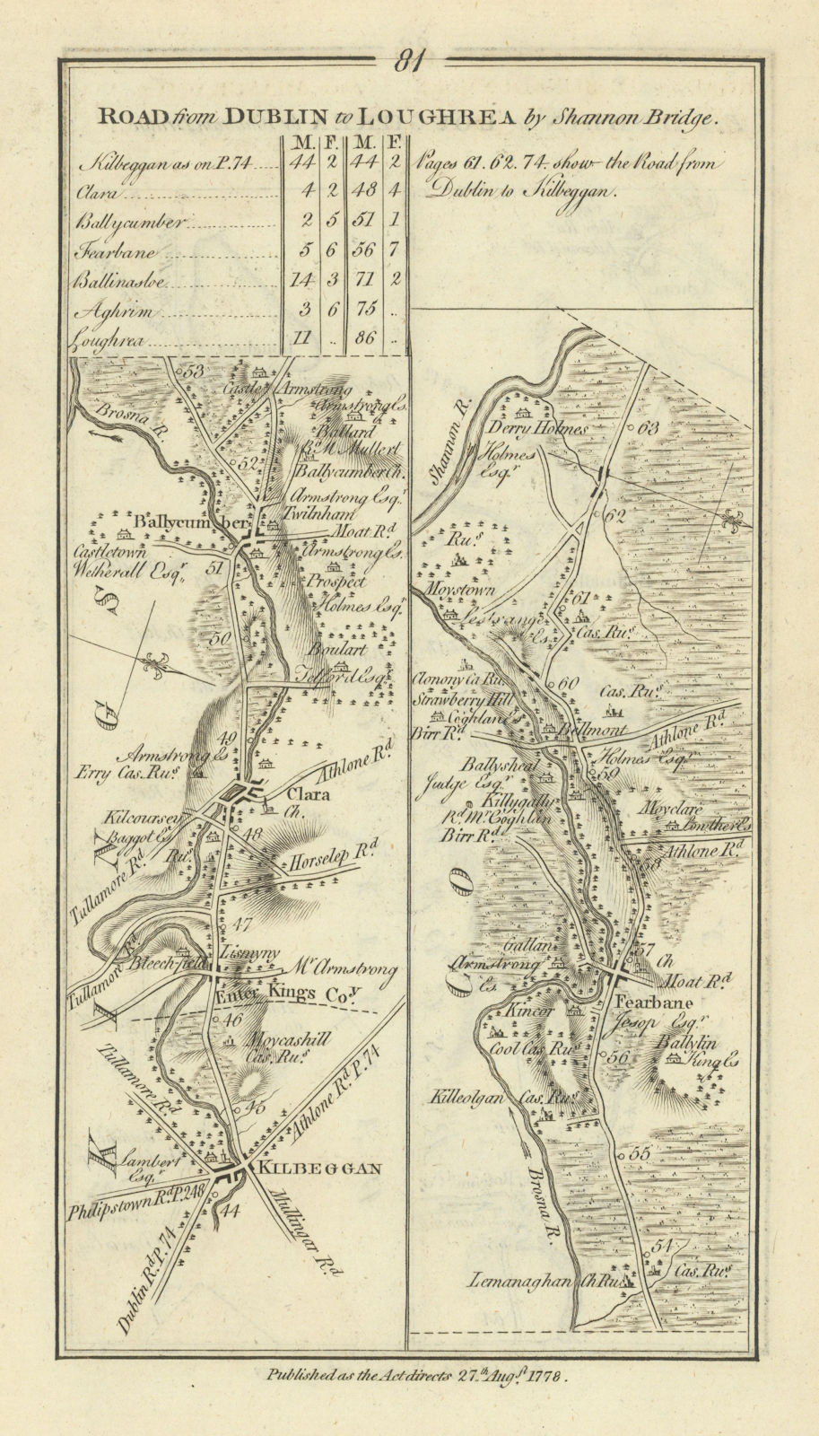 #81 Dublin to Loughrea. Clara Kilbeggan Ferbane. TAYLOR/SKINNER 1778 old map