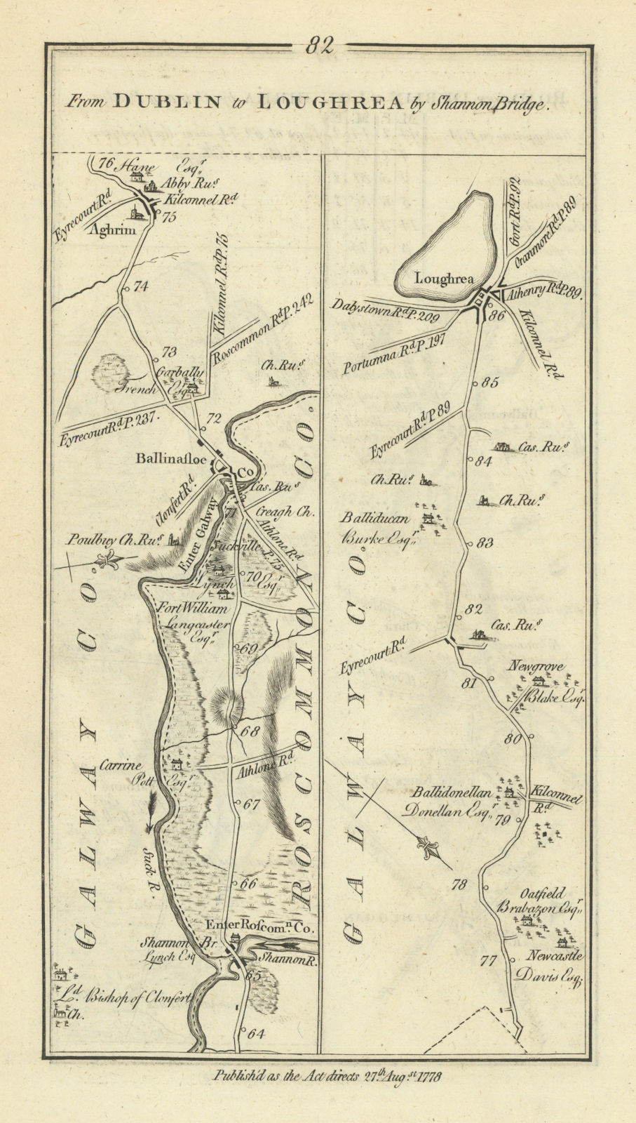 #82 Dublin to Loughrea Aughrim Ballinasloe Shannonbridge TAYLOR/SKINNER 1778 map