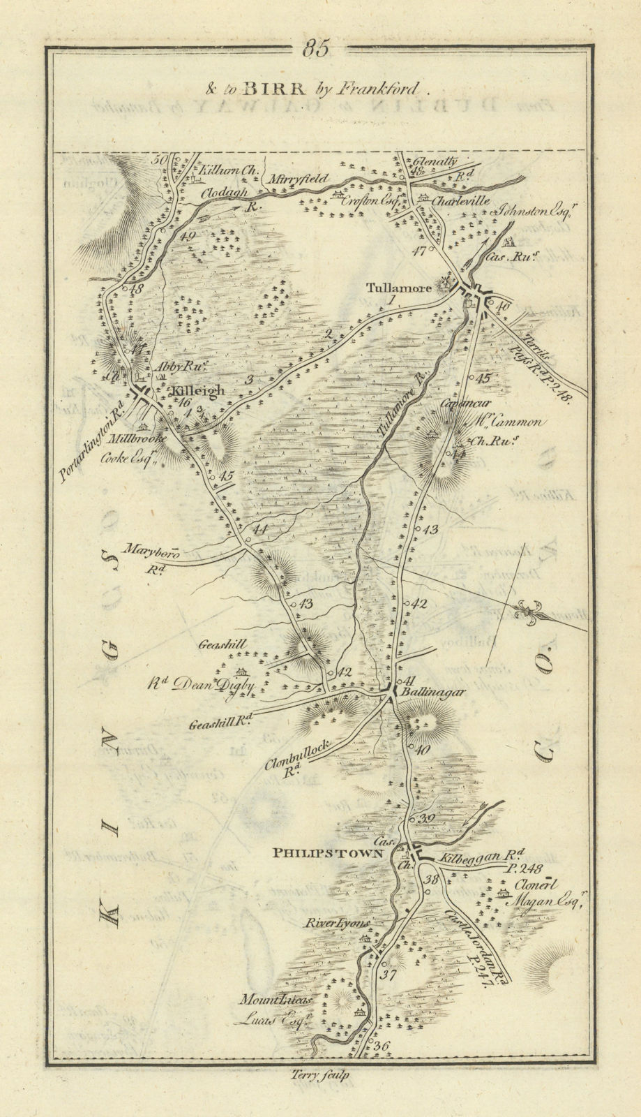 #85 to Birr by Frankford. Tullamore Ballinagar Daingean. TAYLOR/SKINNER 1778 map