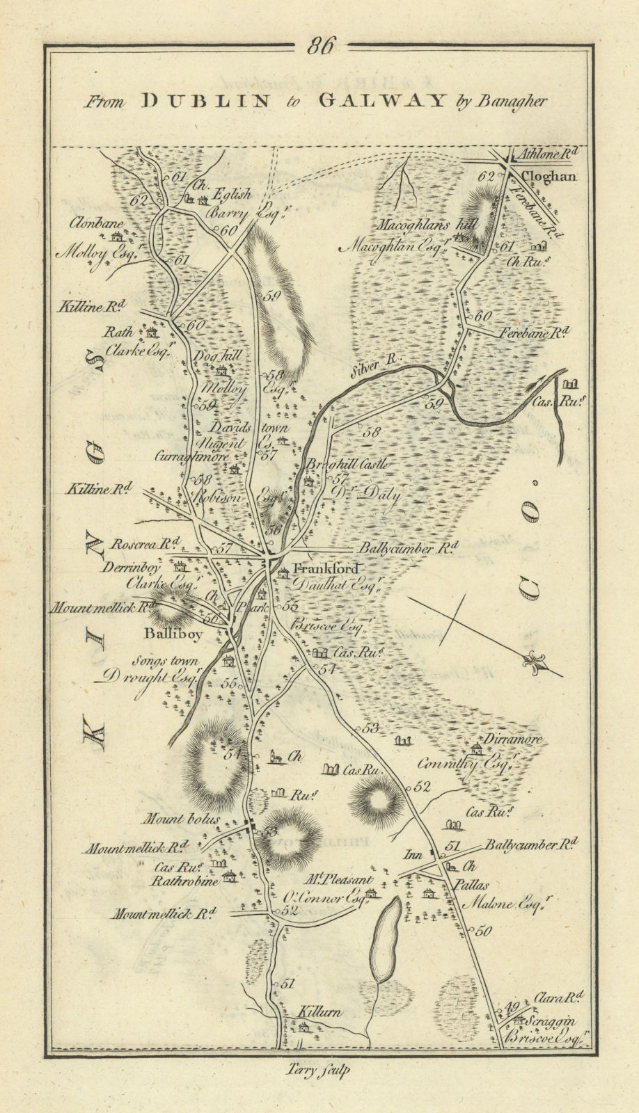 #86 Dublin to Birr by Frankford. Kilcormac Cloghan. TAYLOR/SKINNER 1778 map