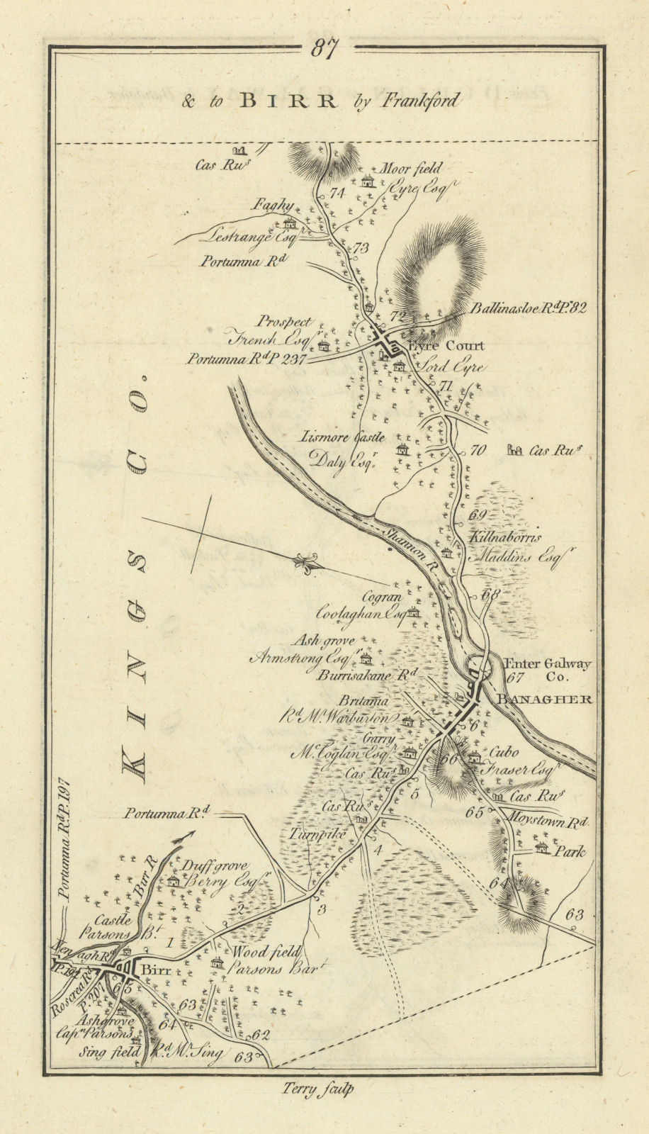 #87 to Birr by Frankford. Eyrecourt Banagher Offaly. TAYLOR/SKINNER 1778 map