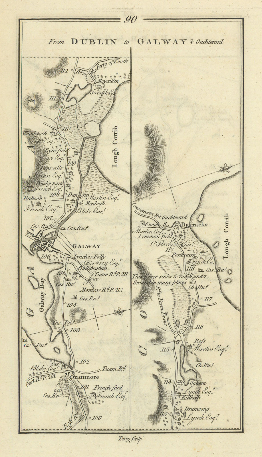 #90 Dublin to Galway & Ouchterard. Oranmore Moycullen. TAYLOR/SKINNER 1778 map