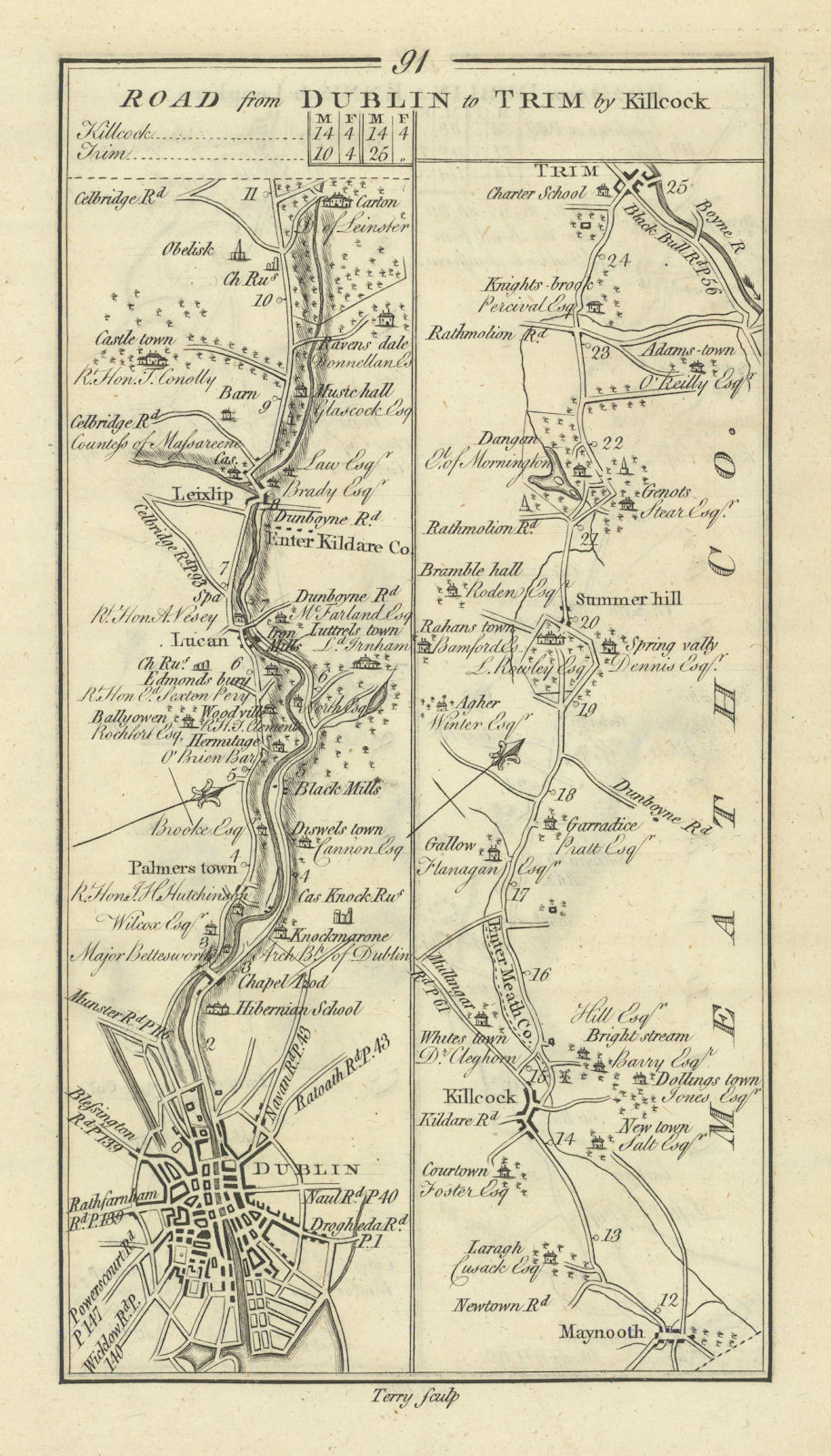 #91 Dublin to Trim. Palmerstown Lucan Leixlip Maynooth. TAYLOR/SKINNER 1778 map