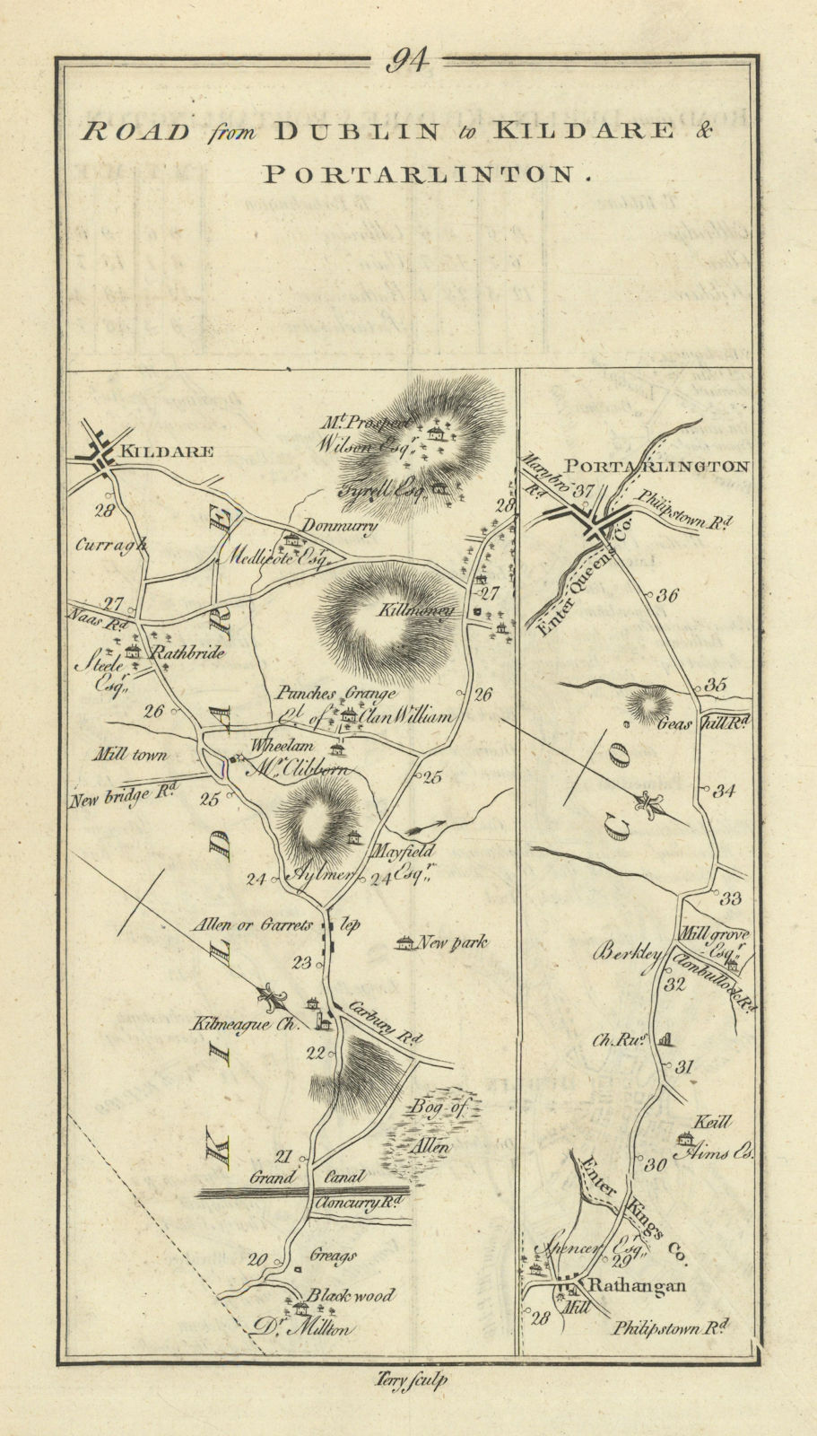 #94 Dublin to Kildare & Portarlington. Rathangan. TAYLOR/SKINNER 1778 old map