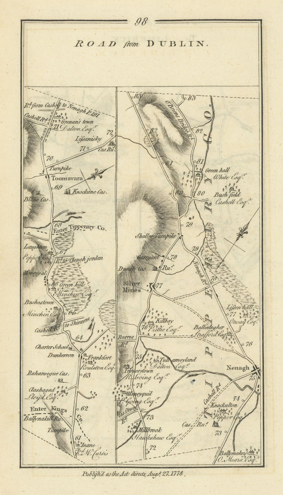 #98 Dublin to Limerick. Toomevara Nenagh Silvermines. TAYLOR/SKINNER 1778 map