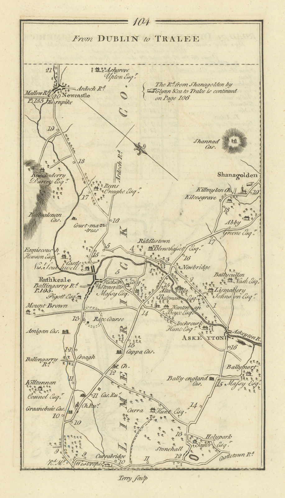 #104 Dublin to Tralee. Newcastle Shanagolden Rathkeale. TAYLOR/SKINNER 1778 map