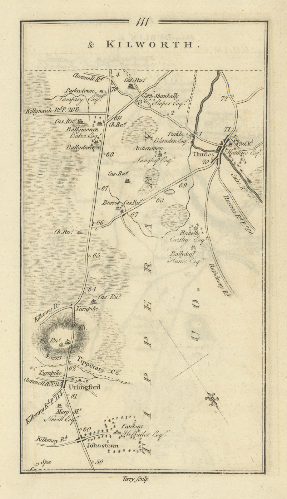 #111 Dublin to Tipperary. Thurles Urlingford Johnstown. TAYLOR/SKINNER 1778 map