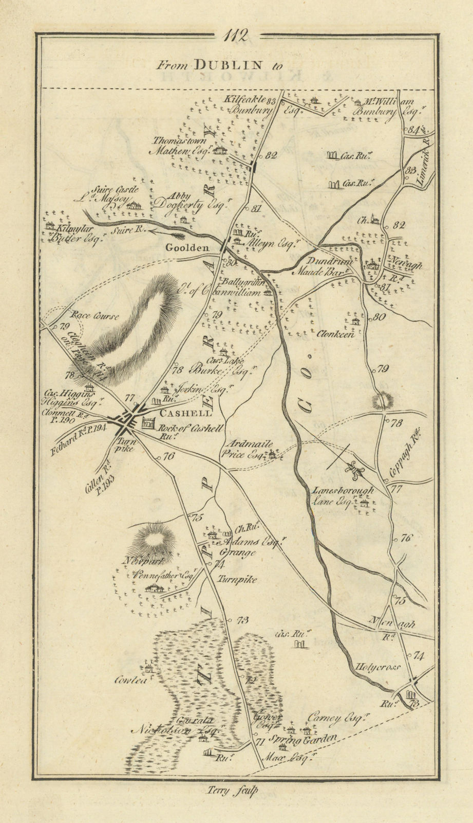 #112 Dublin to Tipperary & Kilworth. Golden Cashel. TAYLOR/SKINNER 1778 map