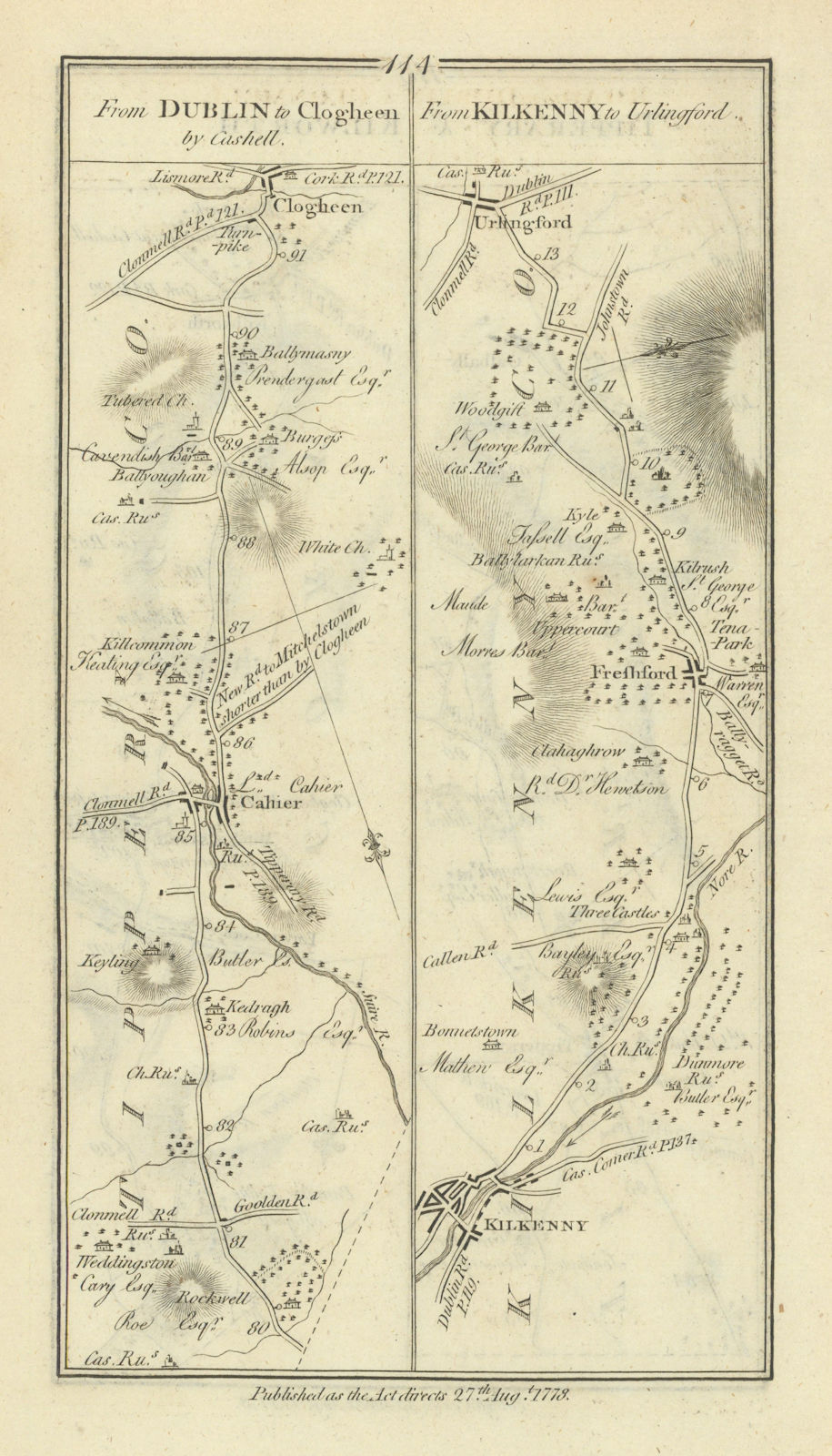 #114 Dublin to Clogheen. Kilkenny to Urlingford. Cahir. TAYLOR/SKINNER 1778 map